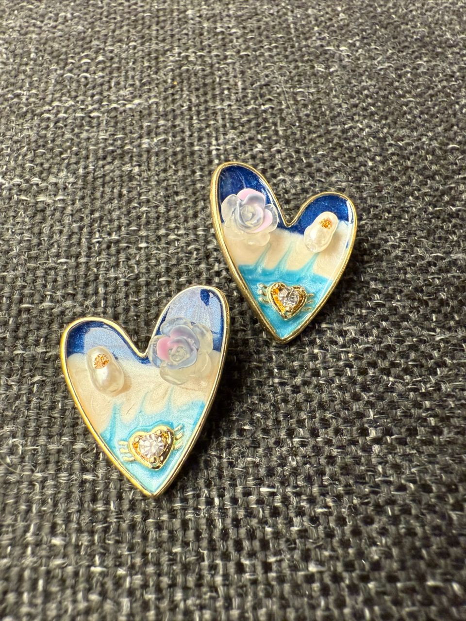 Enameled lotus heart earrings